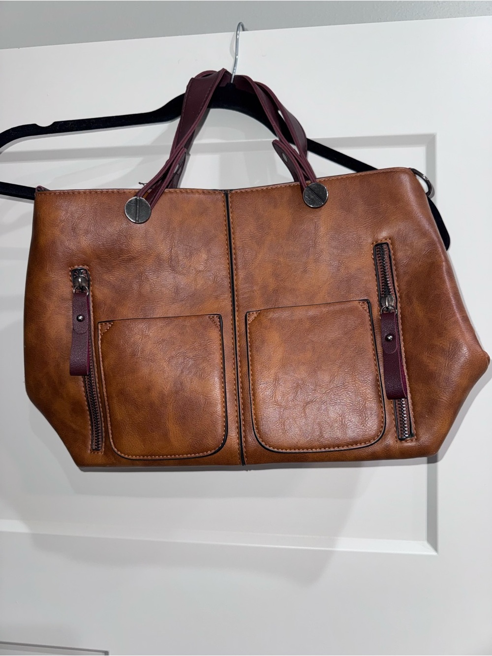 Women’s Brown Leather purse with Burgundy Handles